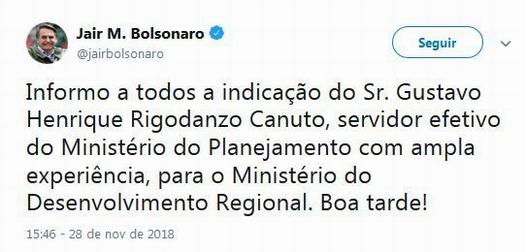 Gustavo Canuto é indicado por Bolsonaro para o Ministerio do Desenvolvimento Regional