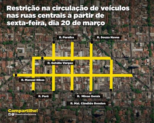 Ruas do Centro serão bloqueadas para o trânsito de veículos a partir desta sexta, em Paranavaí
