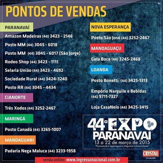 Pontos de venda de ingressos para ExpoParanavaí 2015