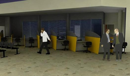 A figura mostra como ficará o local após a reforma. Os contribuintes passarão a ser atendidos sentados e haverá controle por meio de senha.