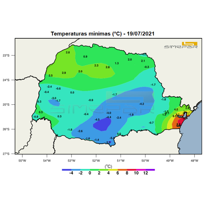 Temperaturas mínimas registradas no Paraná nesta madrugada